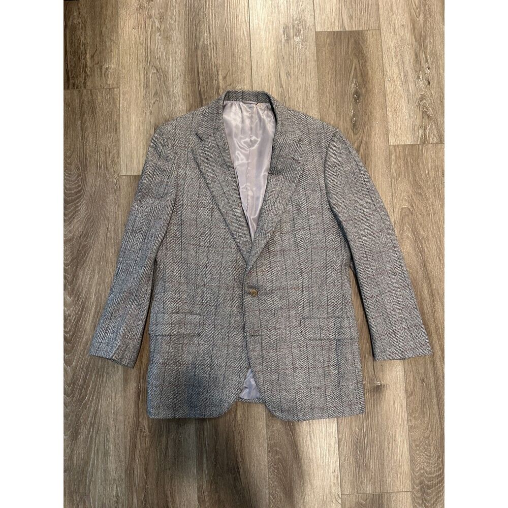 Vintage Mens Wool Herringbone Tweed Blazer Sport Coat USA Made Gray Size 44R